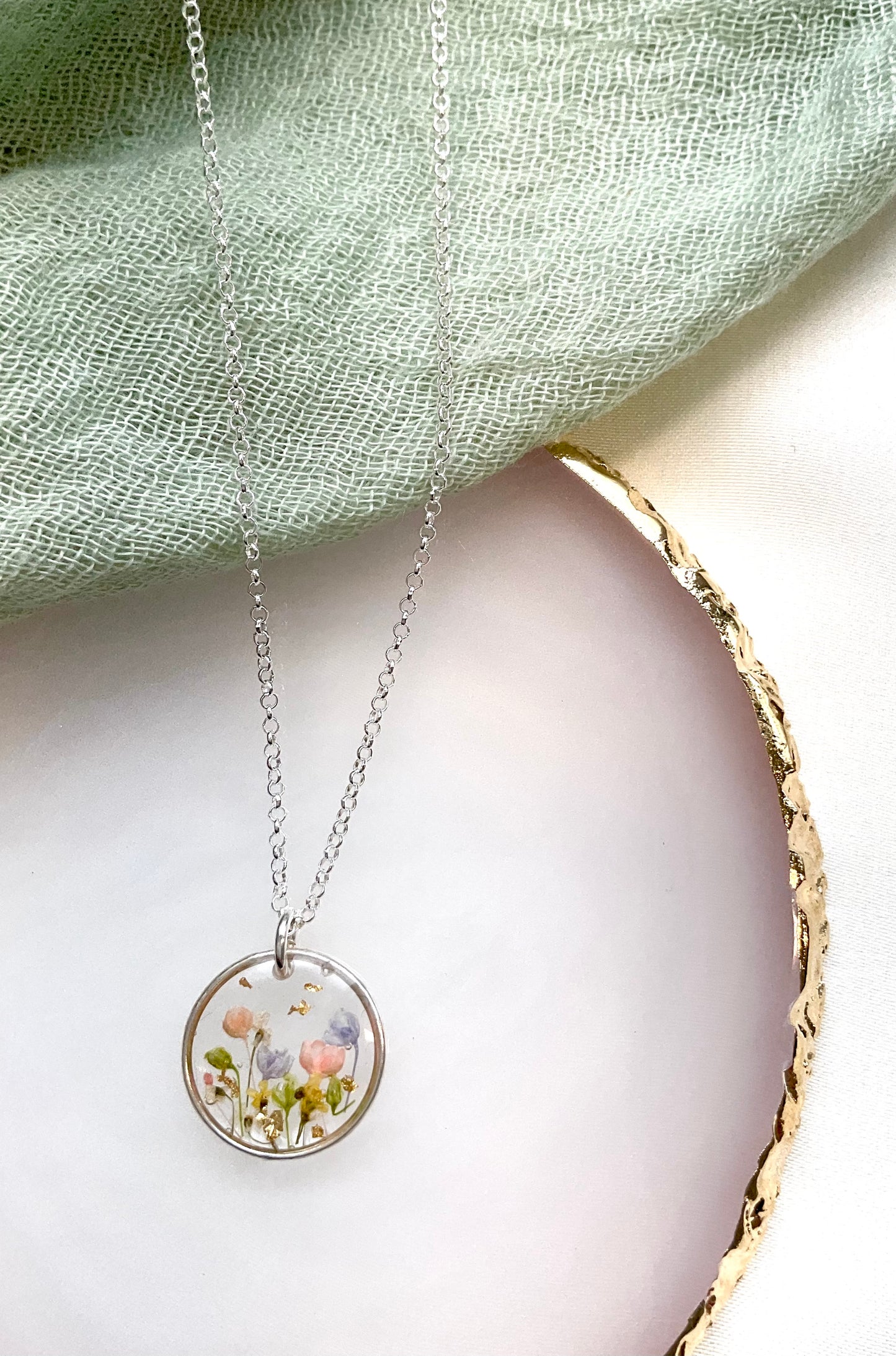Sterling Silver Floral Resin Pendant – Dried Flower Necklace