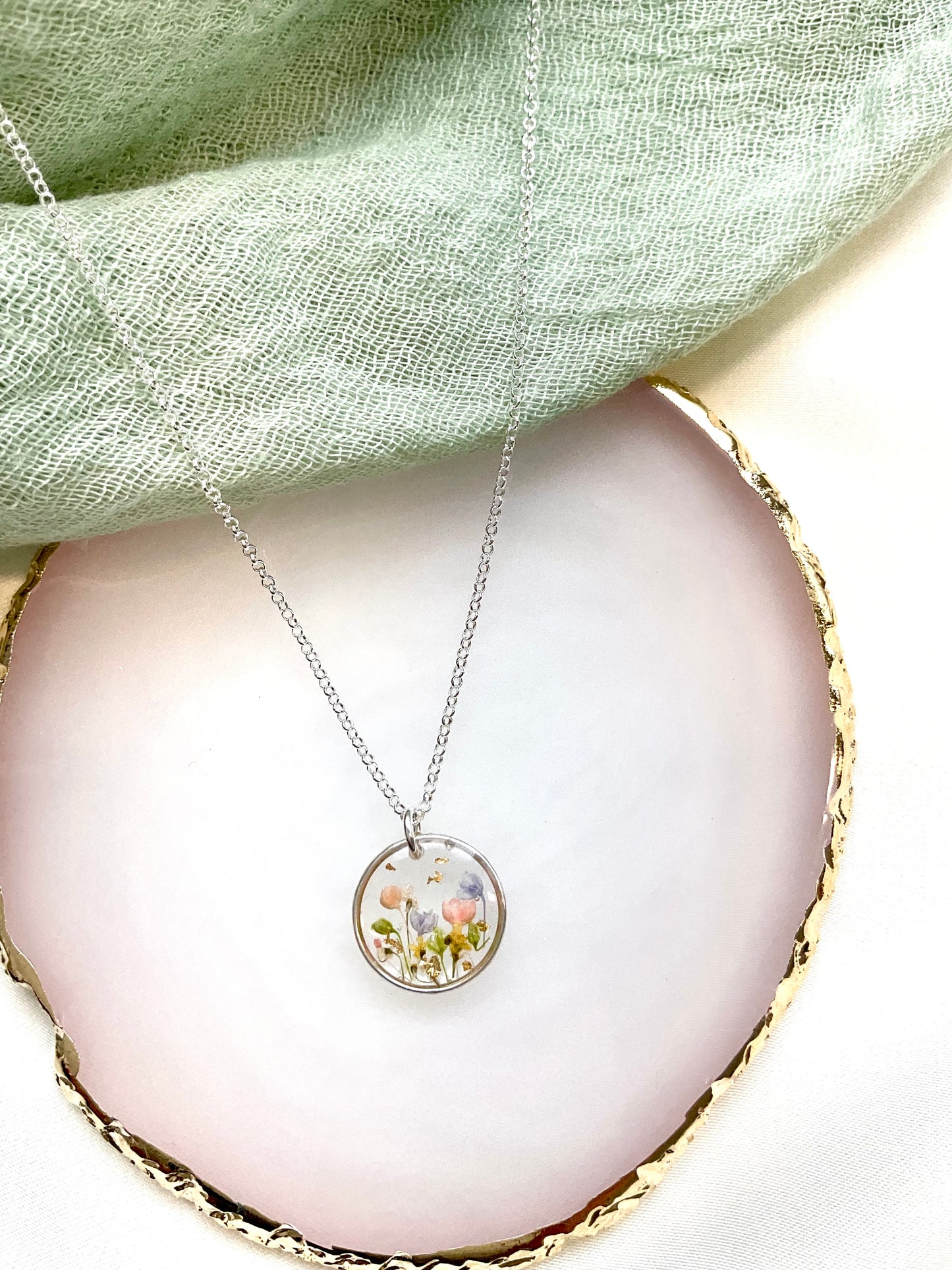 Sterling Silver Floral Resin Pendant – Dried Flower Necklace