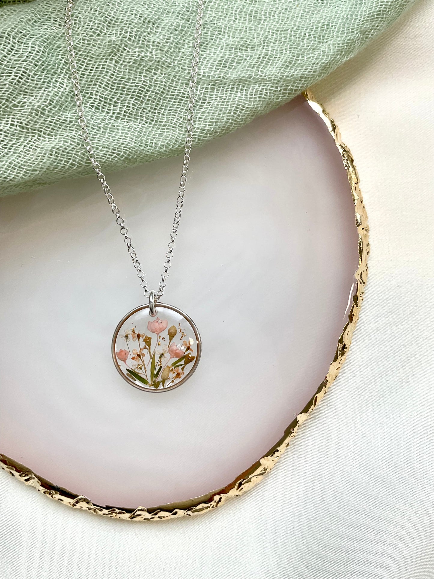 Sterling Silver Birthday Present - Dried Flower Resin Necklace