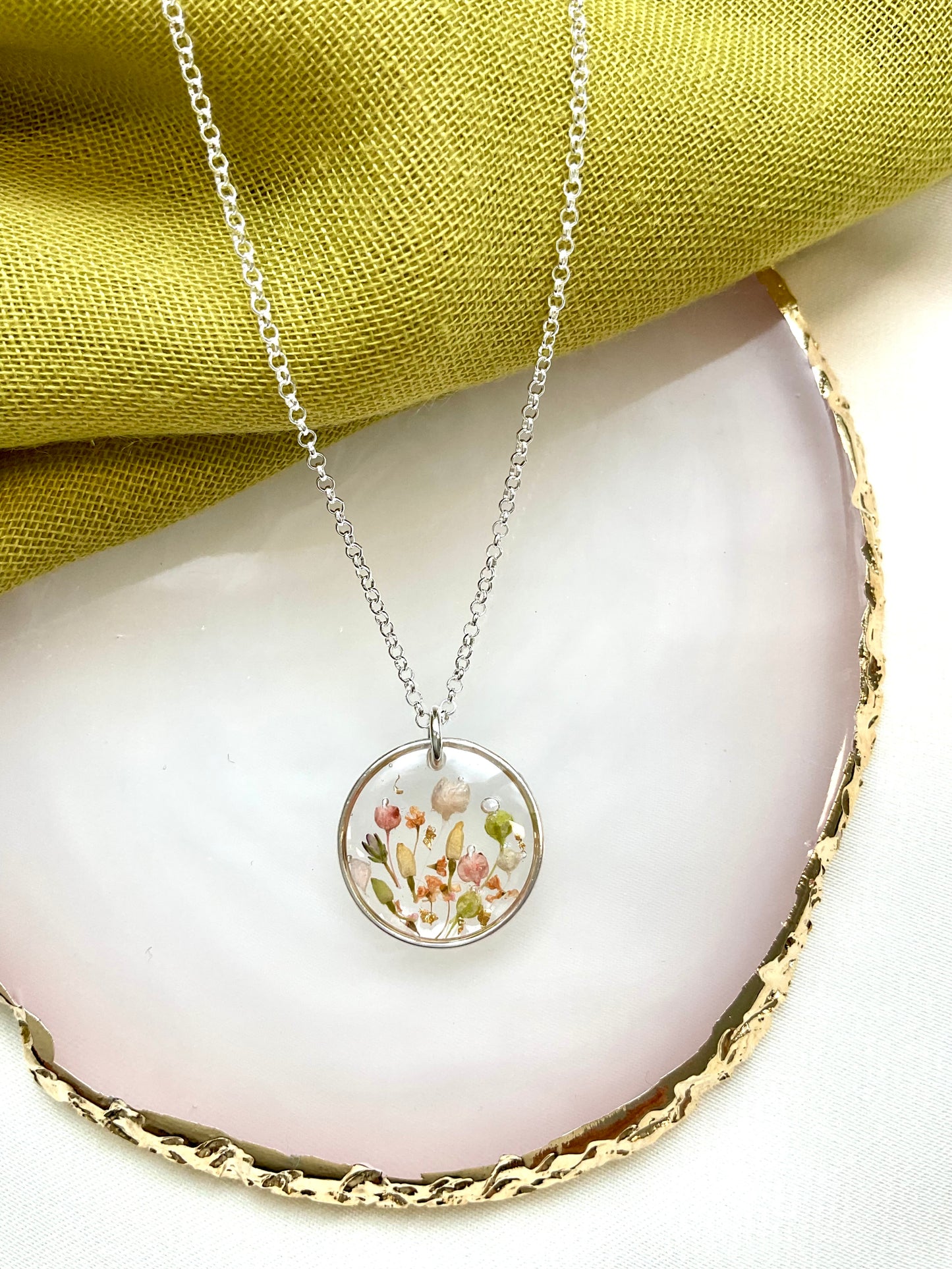 Sterling Silver Birthday Gifts - Floral Resin Circle Necklace
