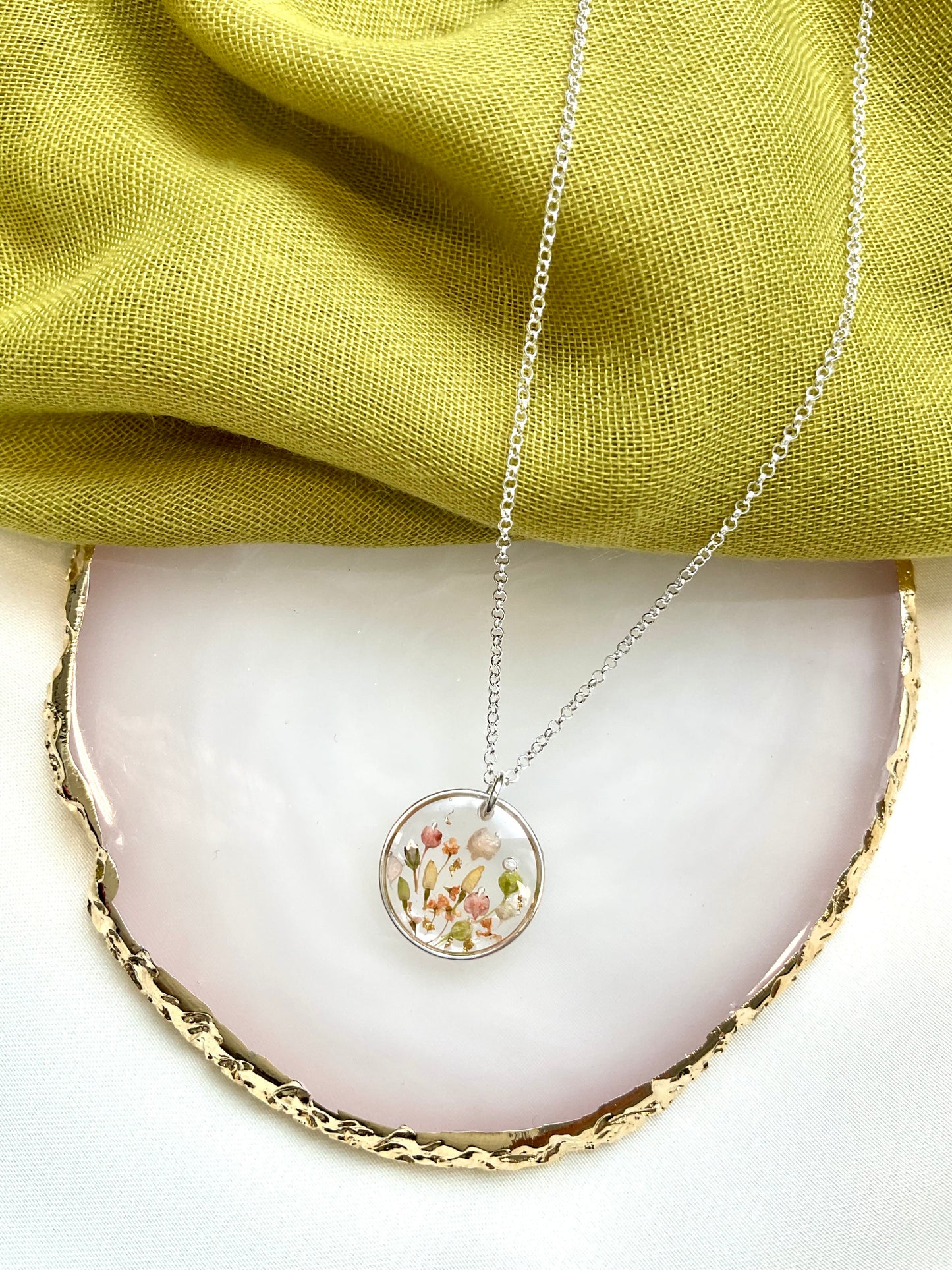 Sterling Silver Birthday Gifts - Floral Resin Circle Necklace