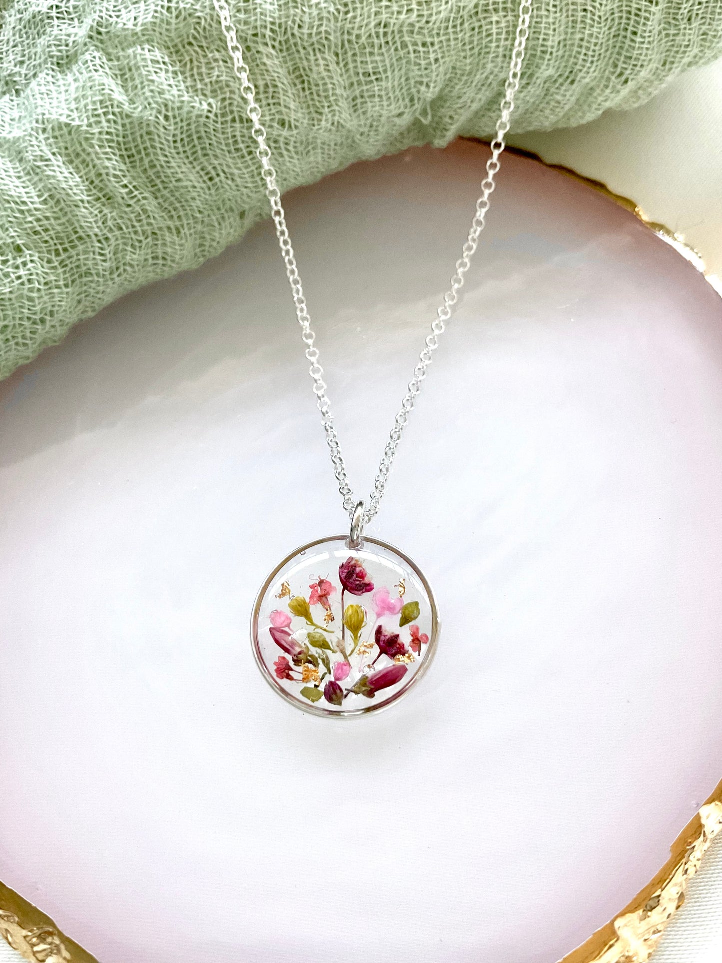 Sterling Silver Bridesmaid Jewellery - Handmade Floral Resin Pendant
